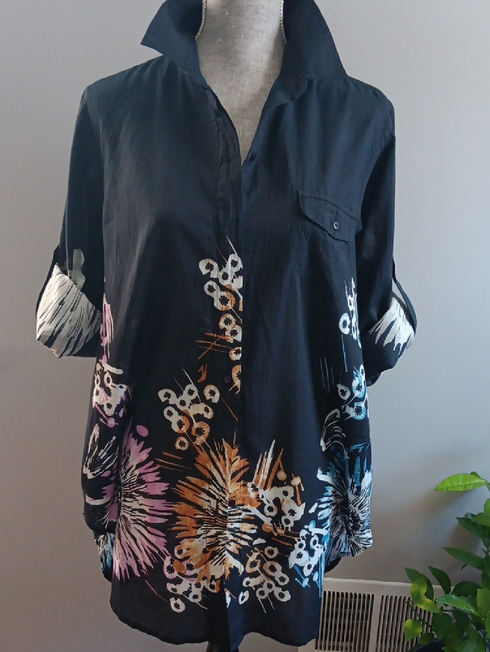 Woman's Black With Floral Design Oversized Coverup - Size M